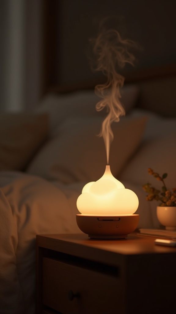 RainCalm rain cloud diffuser glowing on a nightstand